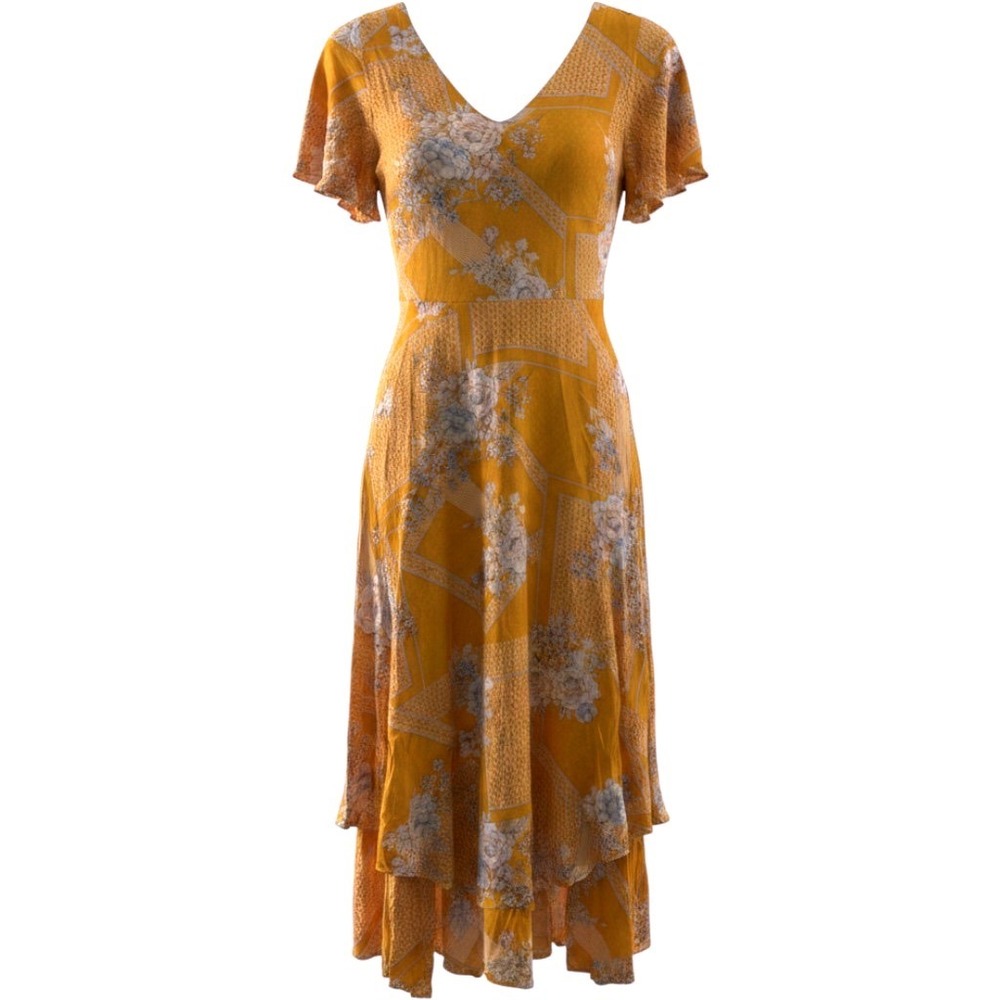 Jessica Simpson Mustard Yellow Floral Flutter Sleeve High Low Midi Dress Small